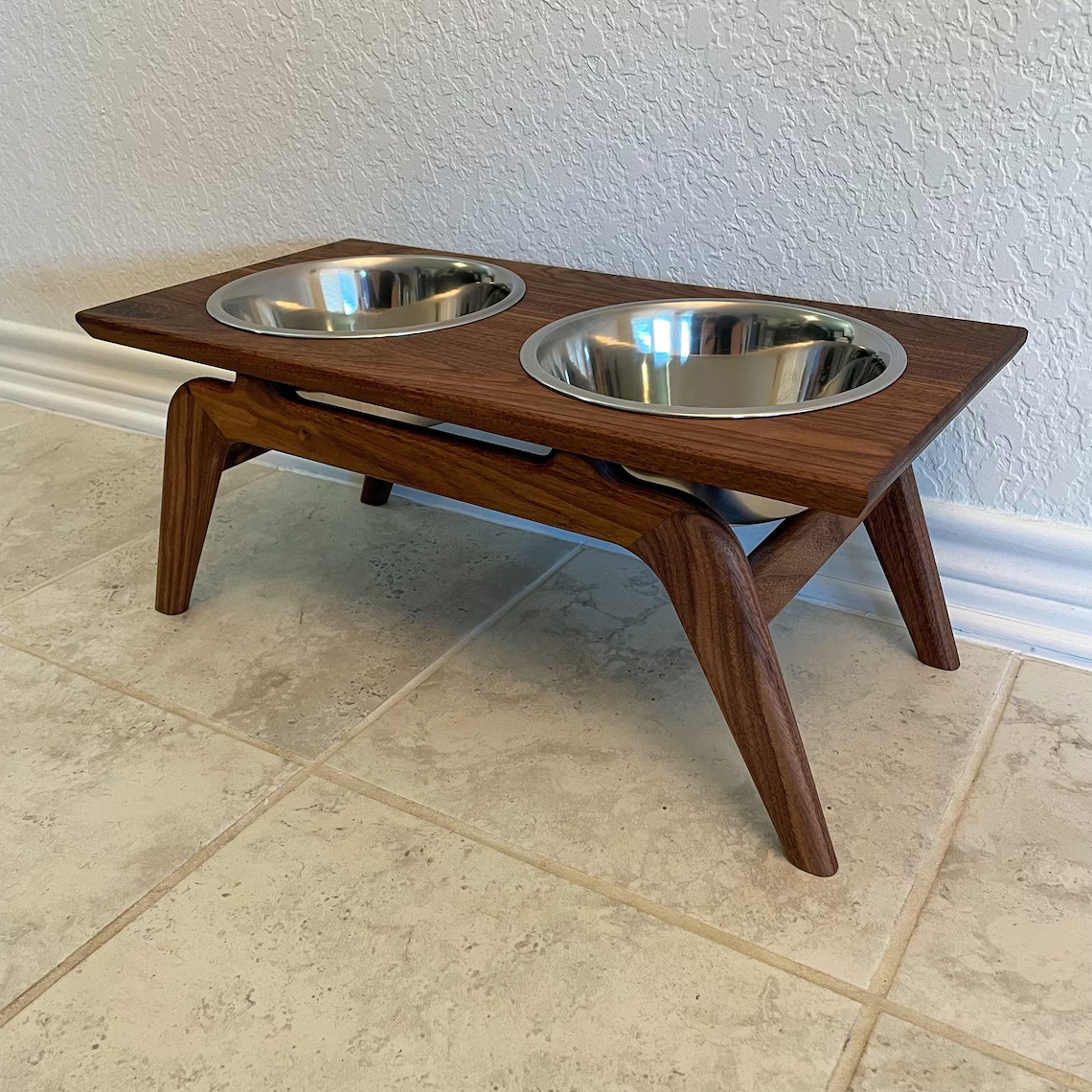 Mid Century Modern Elevated Wood Dog Bowl Stand with Stainless Steel Bowls Adjustable Raised Wood Pet Feeder