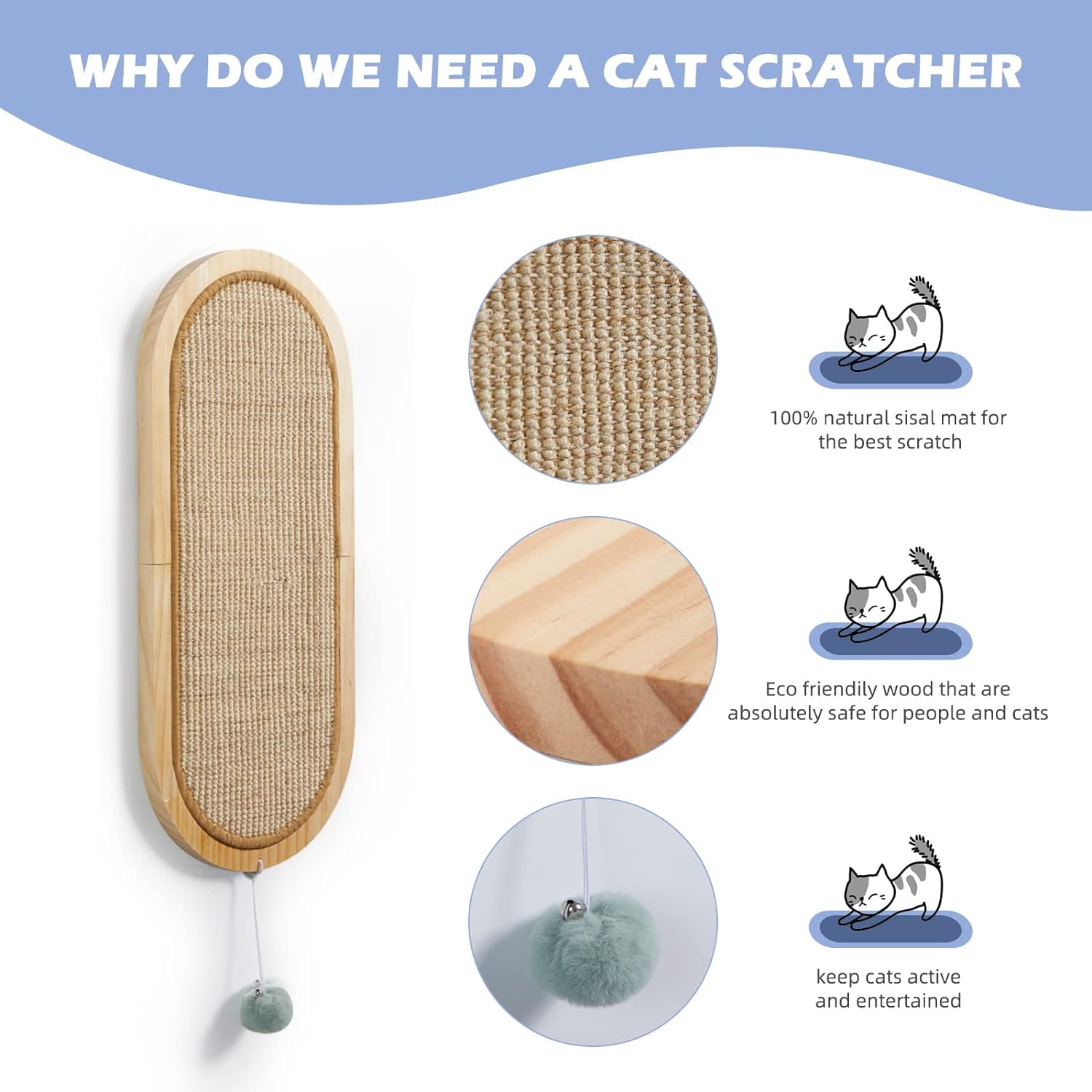 Cat Wall Scratching Post SisalFloor Wall MountCat Scratching wooden Board for Couch Protector Cat Wall Scratcher with Ball Toy