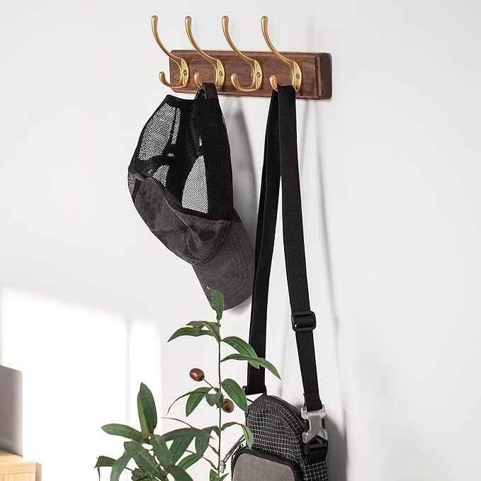 Hanger wall mounted wooden hat rack and hanger wall hanger with 4 gold hooks