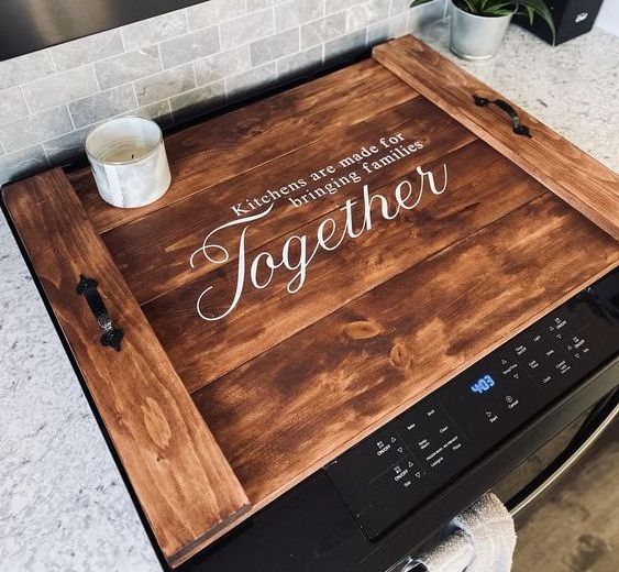 Rustic Wooden Ottoman Tray with Handles Handmade Noodle Board Wood Stove Top Cover