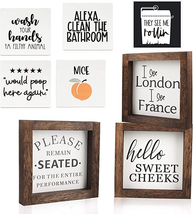 JUNJI Bathroom Decor Wall Art Wall Plaque Humor Toilet Signs Framed Funny Quotes Farmhouse Style White