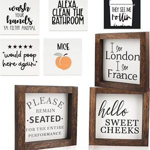 JUNJI Bathroom Decor Wall Art Wall Plaque Humor Toilet Signs Framed Funny Quotes Farmhouse Style White