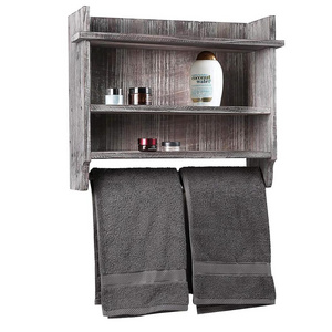 JUNJI Wall Mounted Torched Wood Bathroom Organizer Rack with 3 Shelves and Hanging Towel Bar