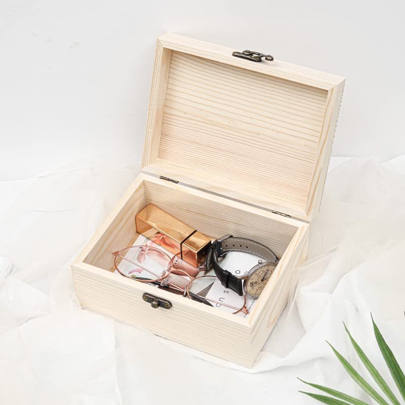 Unfinished Unpainted Wooden Box with Hinged Lid for Crafts DIY Storage Jewelry Plain Pine Box