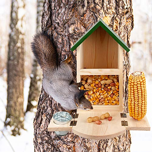 Yard Decor Wooden Squirrel Feeder Box Multi-functional Wood Squirrel Feeding House with Cup Outdoor Bench Squirrel Table