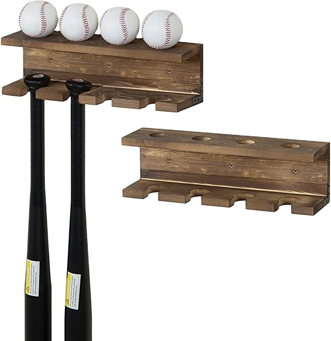 JUNJI Personalized Home Wall Decor Wood Baseball Bat Rack and Ball Storage Shelf Wall-Mounted Set of 2