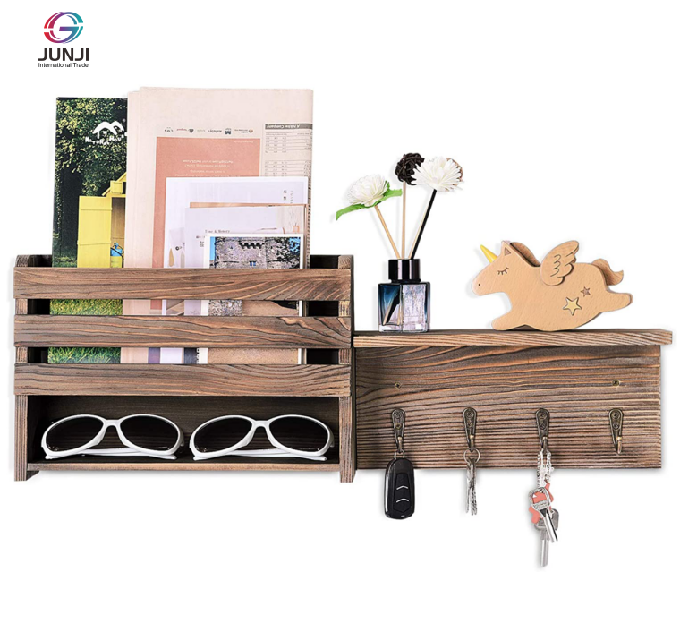 JUNJI Wood Key Rack and Mail Holder Key  Home Decor Hooks for Wall with 4 Hooks and Two Activity Boards Rustic Wood Key shelves