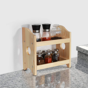 JUNJI Rustic Style 2 Tier Wood Spice Rack Organizer Desktop kitchen bedroom bathroom laundry room  garage entryway key shelf