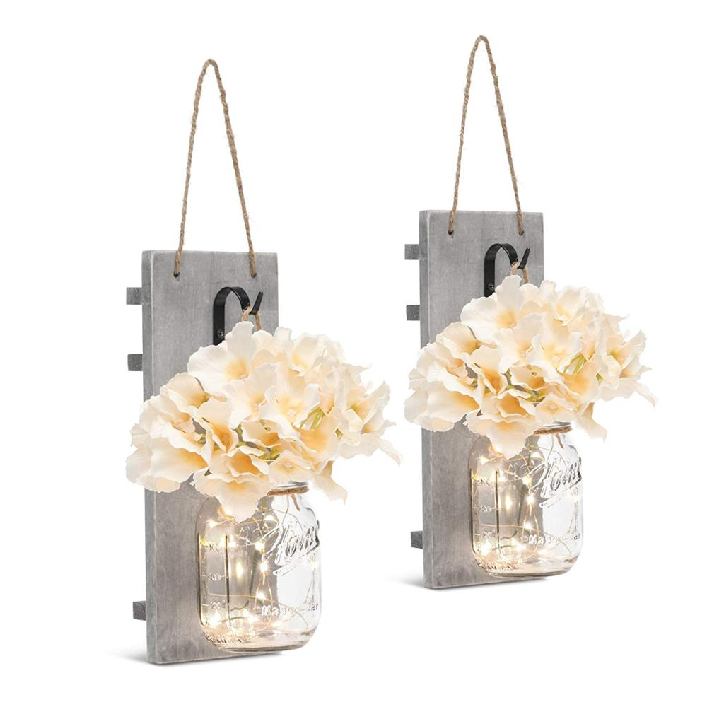 Decorative Mason Jar Wall Decor Rustic Wall Sconces LED Fairy Lights & Flowers Mason Jar Home Wall Decor