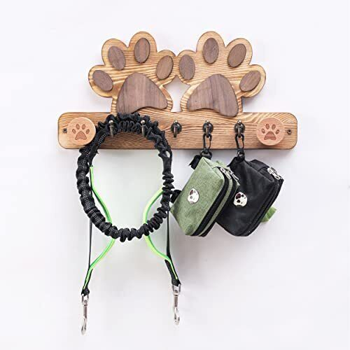 Farmhouse Wood Dog Leash Shelf and Key Holder for Wall Decorative Dog Paw Shape Wall Mounted Wood Entryway Shelf