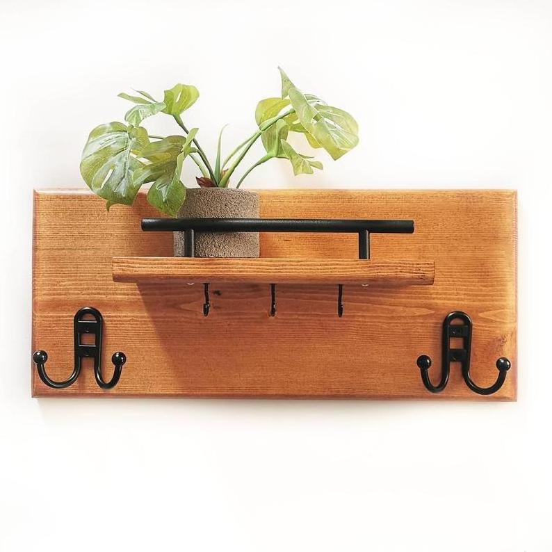 JUNJI Wood Entryway Coat Rack Organizer Wooden Wall Mounted Mail and Key Holder Floating Shelf Modern Home Organizer