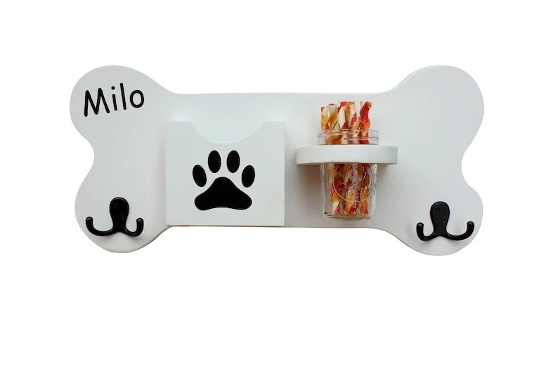 JUNJI Personalized Wood Dog Leash Holder with Doggie Treat Mason Jar Dog Lovers Gift Wood Wall Shelf with Leash Hooks