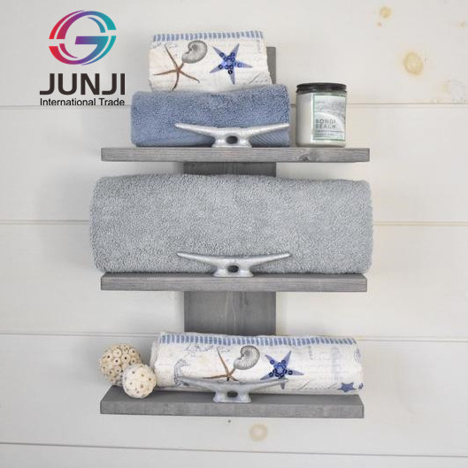 JUJI Wooden Floating Nautical Shelf Towel Organizer Wall Shelf Bathroom Shelf With Hooks Wall Mounted Rack