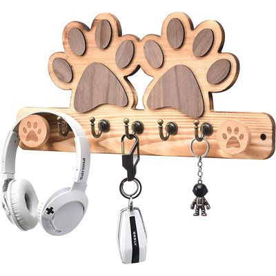 Farmhouse Wood Dog Leash Shelf and Key Holder for Wall Decorative Dog Paw Shape Wall Mounted Wood Entryway Shelf