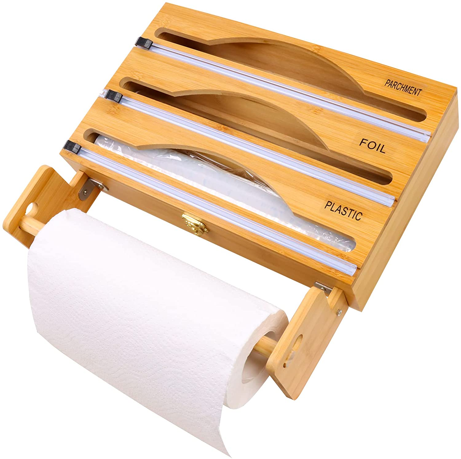 JUNJI 4 in 1 Wood Wrap Dispenser with Cutter and Label Kitchen Drawer or Wall Mounted Bamboo Bamboo Dispenser with Napkin Holder