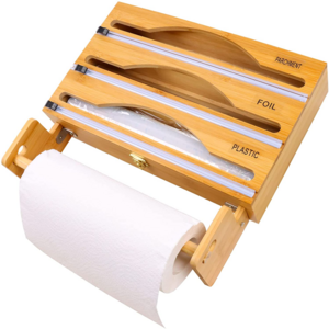 JUNJI 4 in 1 Wood Wrap Dispenser with Cutter and Label Kitchen Drawer or Wall Mounted Bamboo Bamboo Dispenser with Napkin Holder