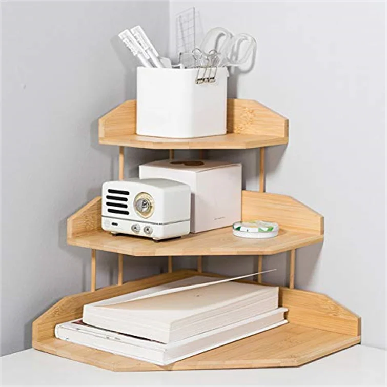 JUNJI Bamboo corner shelf 3 tier standing pantry shelf multi-functional display rack for countertop organizer shelf