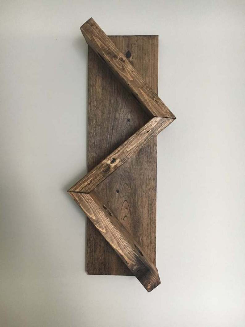 JUNJI Zig Zag Wine Rack  Z Geometric Wall Mounted Rustic Wood Wine Bottle Display Chunky Primitive