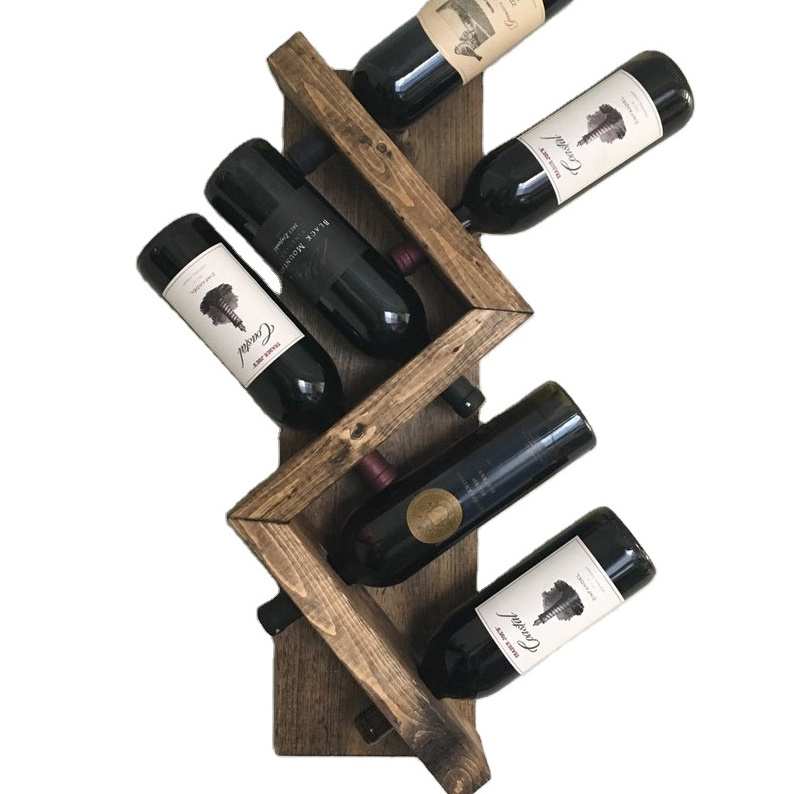 JUNJI Zig Zag Wine Rack  Z Geometric Wall Mounted Rustic Wood Wine Bottle Display Chunky Primitive