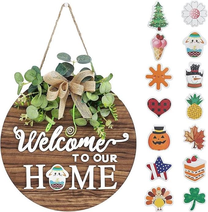 Seasonal welcome sign Front door decoration,wall hanging outdoors, suitable for spring, summer, fall holiday Halloween Christmas