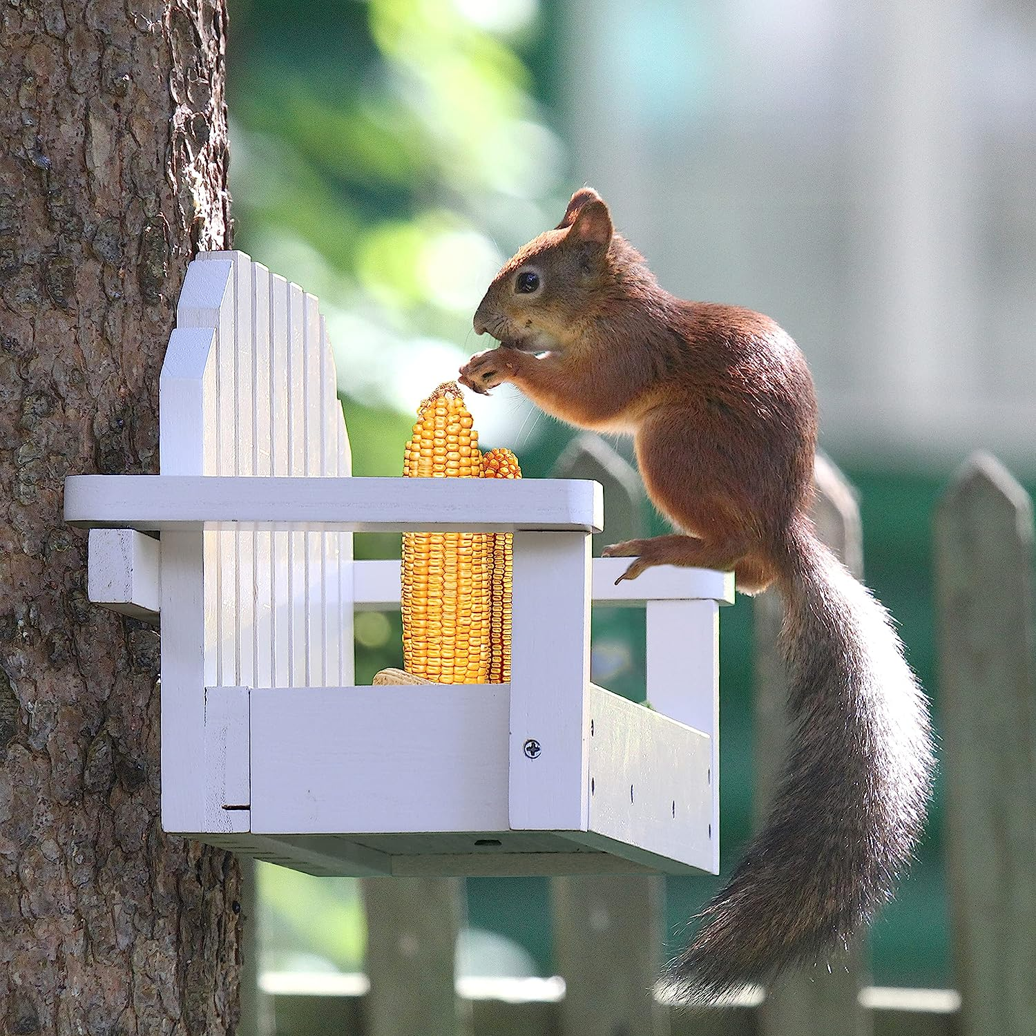 Wooden Squirrel White Bench Squirrel Feeder for Outside Environmentally Friendly Wood Animal Outdoor Garden Bird Feeder