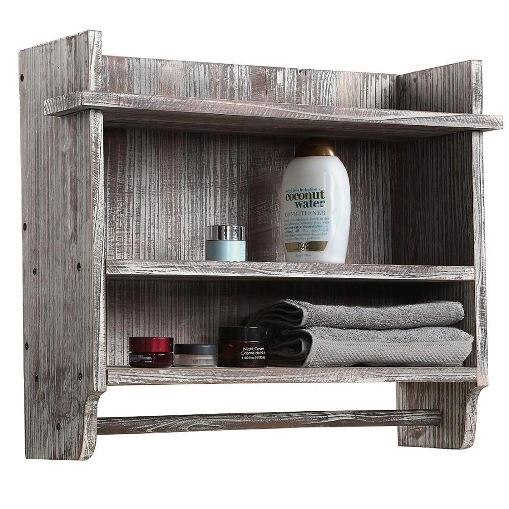 JUNJI Wall Mounted Torched Wood Bathroom Organizer Rack with 3 Shelves and Hanging Towel Bar