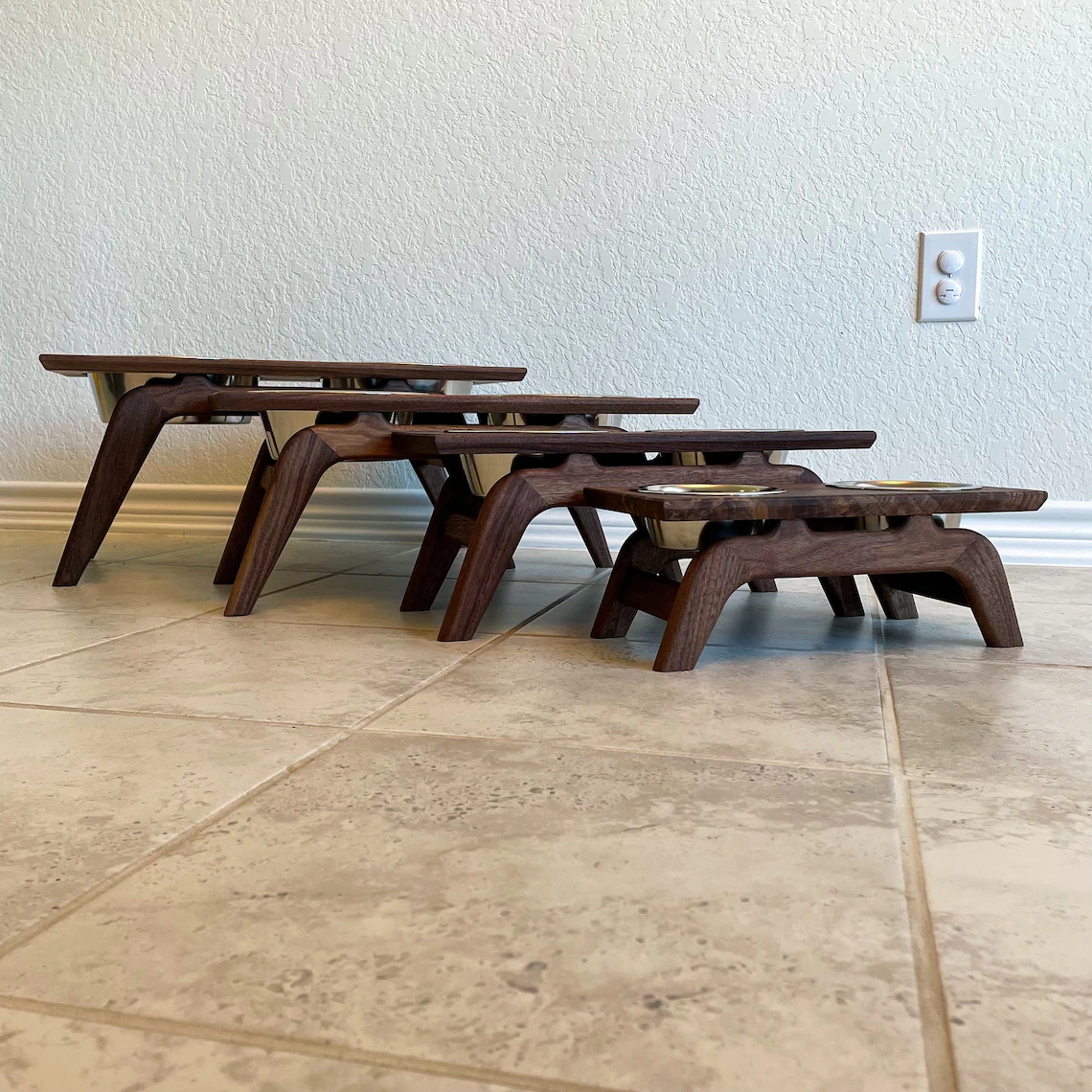 Mid Century Modern Elevated Wood Dog Bowl Stand with Stainless Steel Bowls Adjustable Raised Wood Pet Feeder