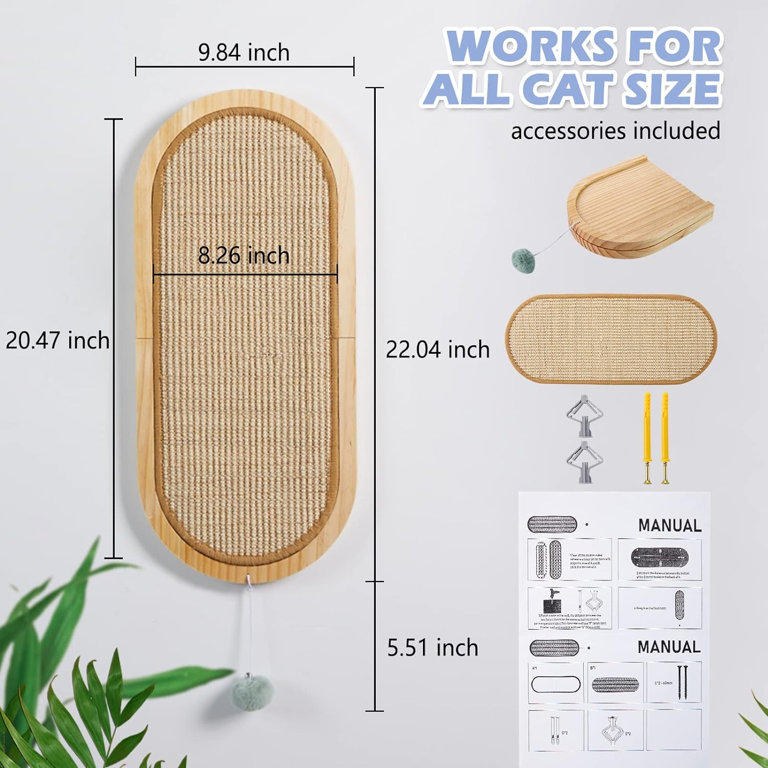 Cat Wall Scratching Post SisalFloor Wall MountCat Scratching wooden Board for Couch Protector Cat Wall Scratcher with Ball Toy