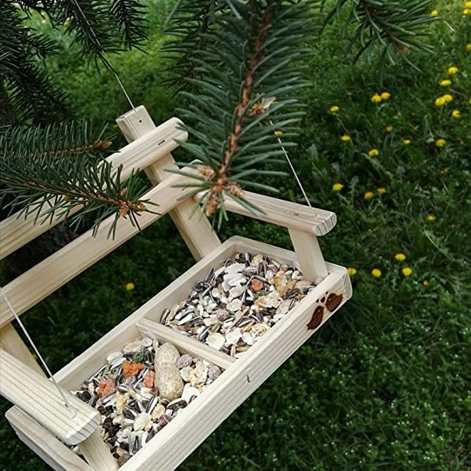 Customized Handmade Wooden Hanging Bird Feeder Feeding Table For Wild Birds Wood Swing Seat Feeder