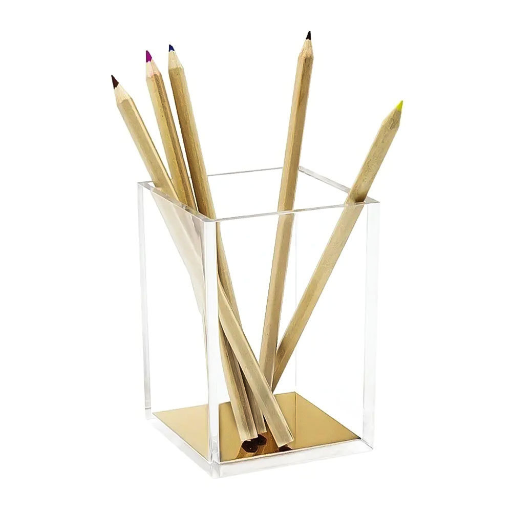 Latest Acrylic Product Desk Accessory Desktop Stationery Mesh Office Organizer Gold Base Acrylic Pencil Pen Holder