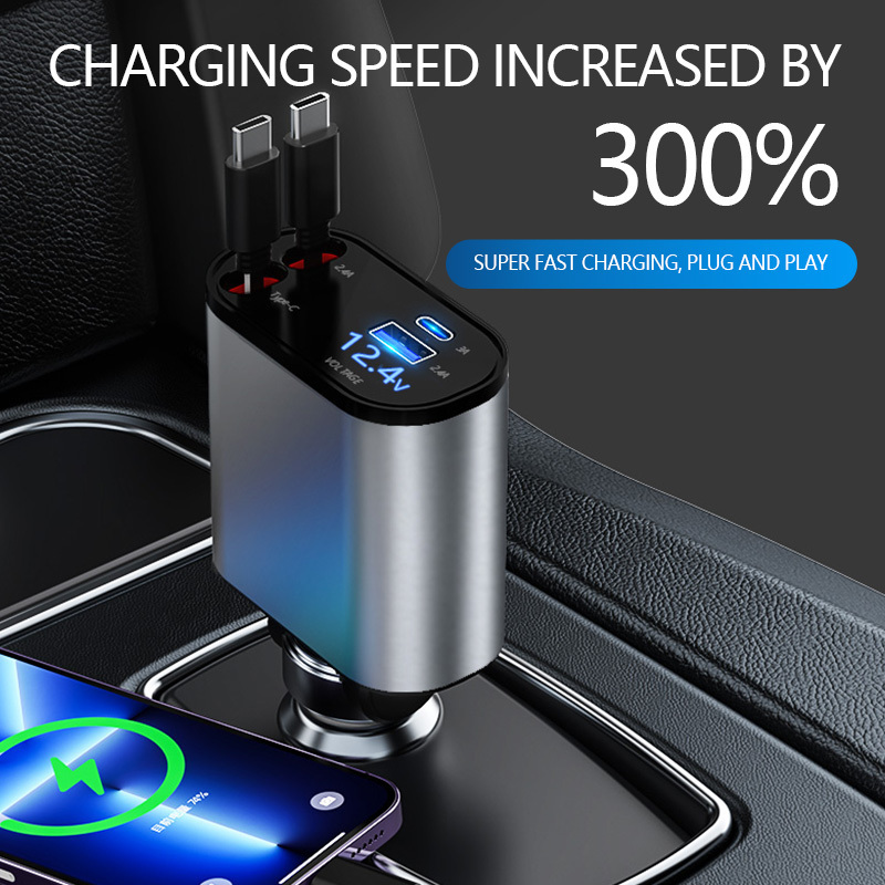 Led Digital Display Mobil Retractable Car Charging adapter super Fast 100W 4 in 1 Multi Charging Car Fast Charger Car charger