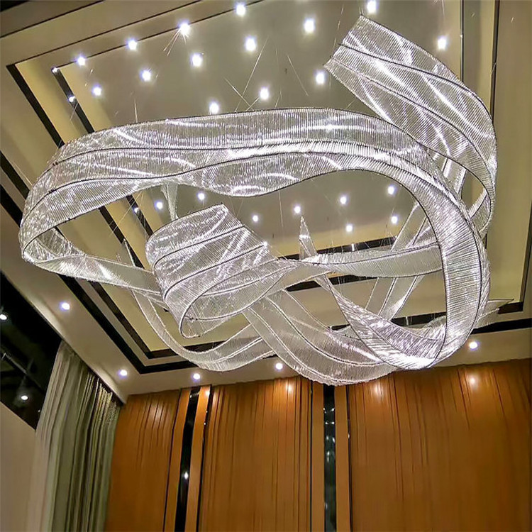 Custom crystal chandelier by stairs ribbon led large hanging pendant lights hotel lobby lighting