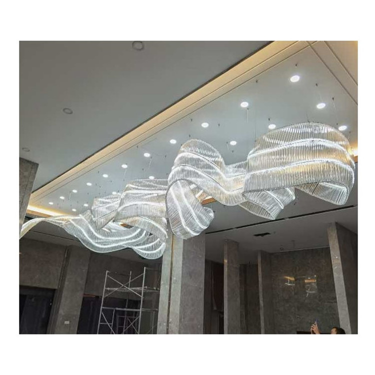 Custom crystal chandelier by stairs ribbon led large hanging pendant lights hotel lobby lighting