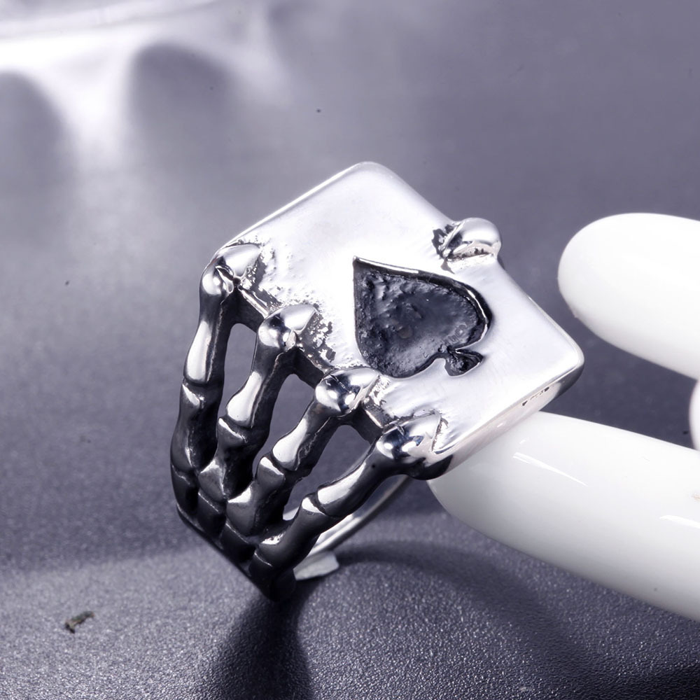 Casino Series Stainless Steel Novelty Ring Spade A Poker Skeleton Ring