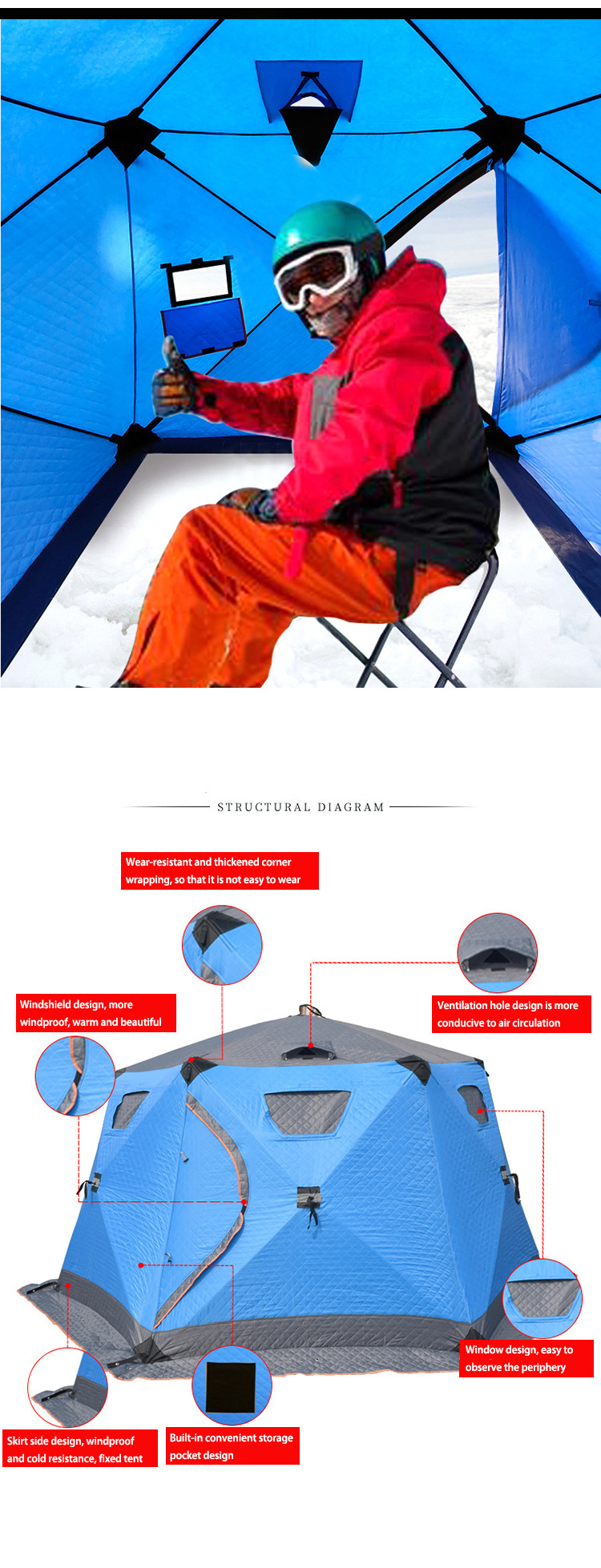 Pop Up custom ice shelter Hexagon sauna tent portable Square hiking insulated camping Automatic ice cube winter fishing tent