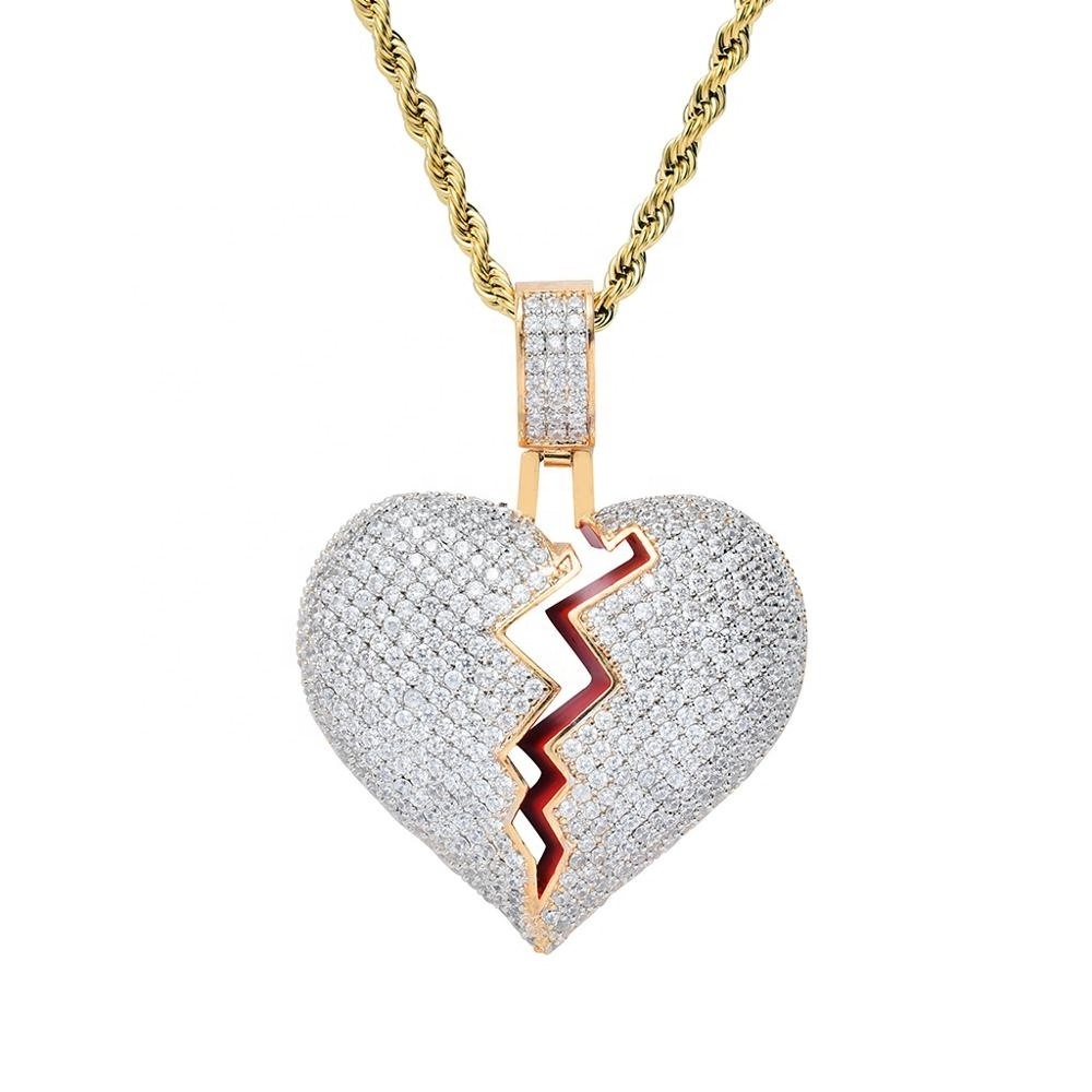 HipHop Jewelry Enamel Micro Paved CZ Love Couple Charm Cubic Zirconia Iced Out Broken Heart Pendent Necklace Wholesale