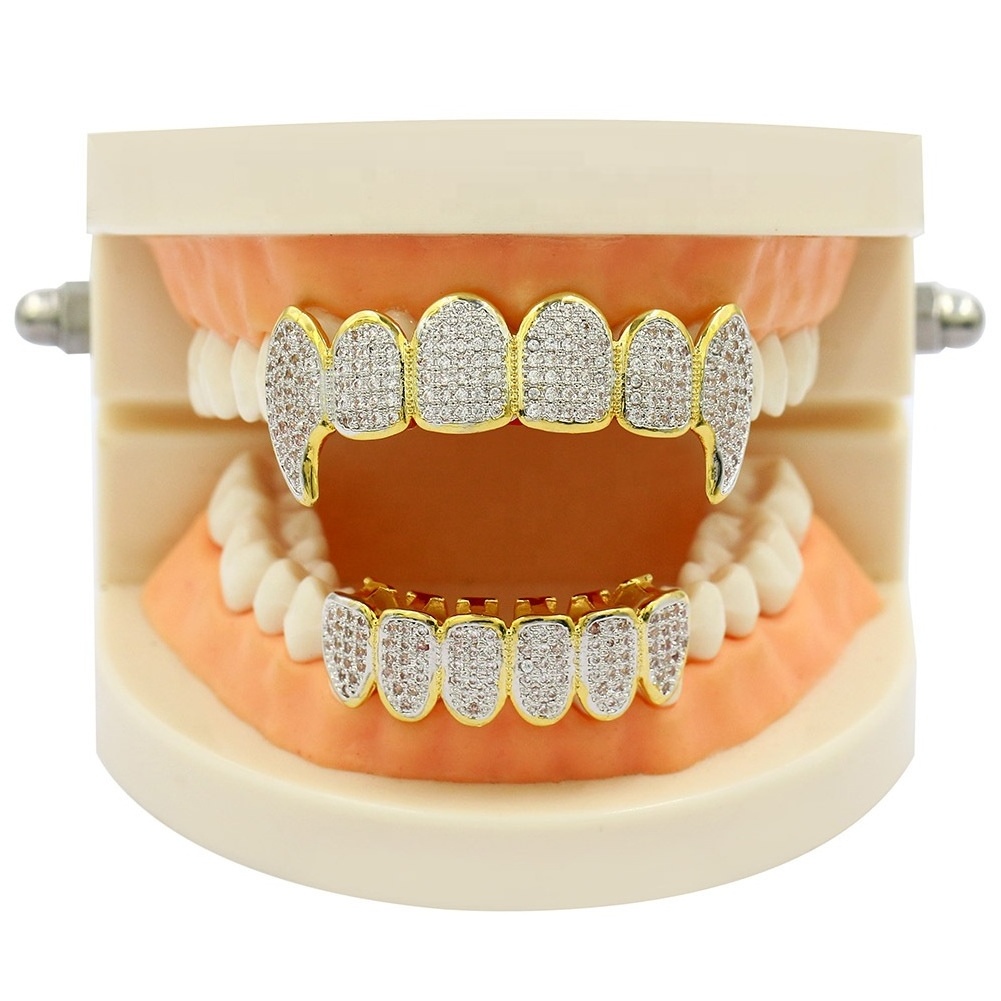 HipHop Dental Grills Teeth Grillz Brass Gold Plated Halloween Gift Tooth Grillz Micro Pave CZ Top Bottom Mouth Teeth Grills Sets