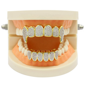 HipHop Dental Grills Teeth Grillz Brass Gold Plated Halloween Gift Tooth Grillz Micro Pave CZ Top Bottom Mouth Teeth Grills Sets