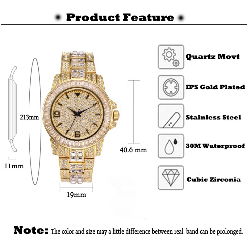 New Iced Out Watch Bling Bling Watch Quartz Gold Hip Hop Wrist Watches With Micro Pave Cz Stainless Steel Wristband Clock Hours