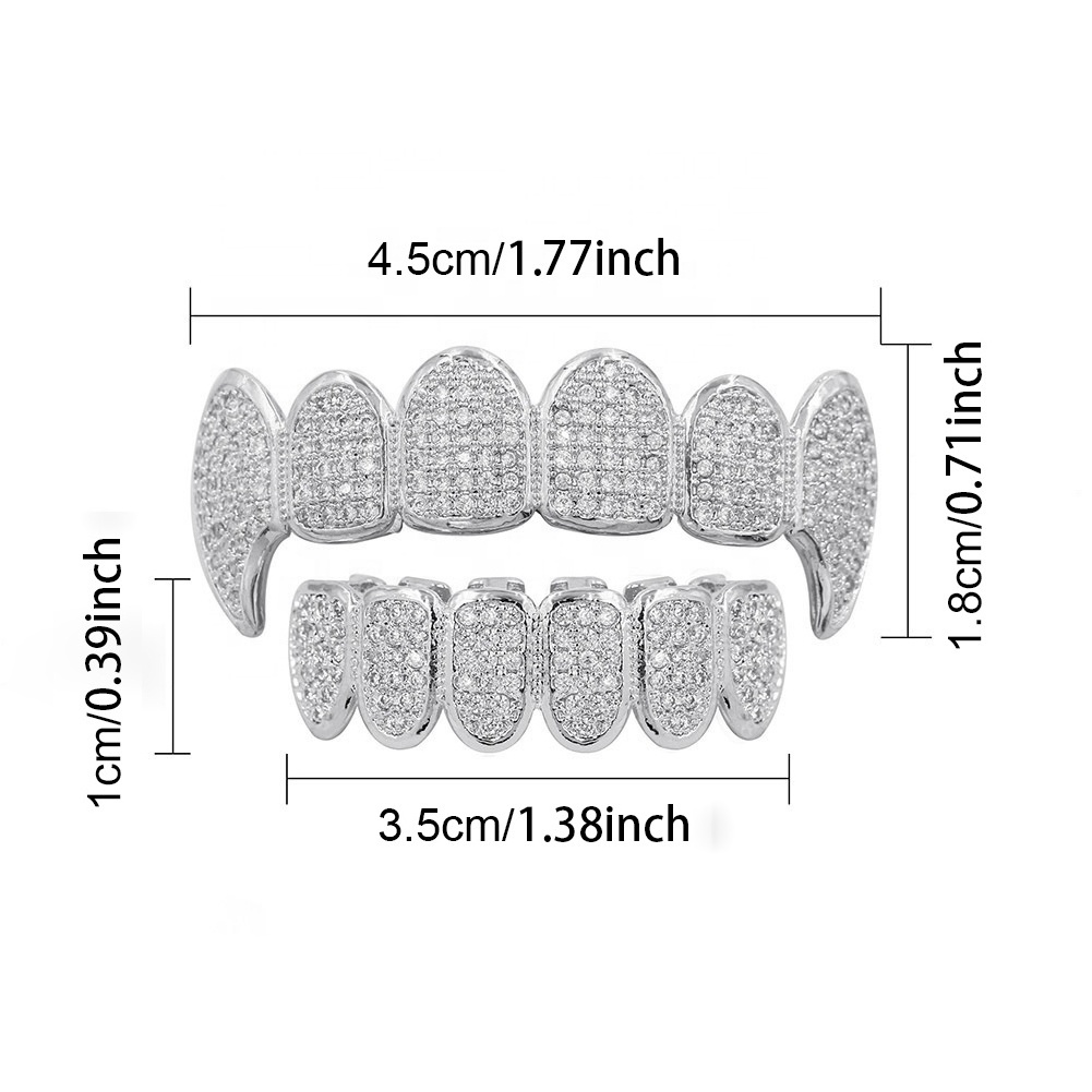 HipHop Dental Grills Teeth Grillz Brass Gold Plated Halloween Gift Tooth Grillz Micro Pave CZ Top Bottom Mouth Teeth Grills Sets