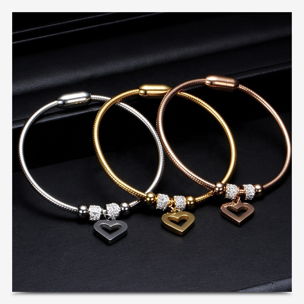 Heart Style Crystal Charm Bracelets Bangles Magnet Clasp With Snake Chain Stainless Steel Women Bangles Valentine's Day jewelry