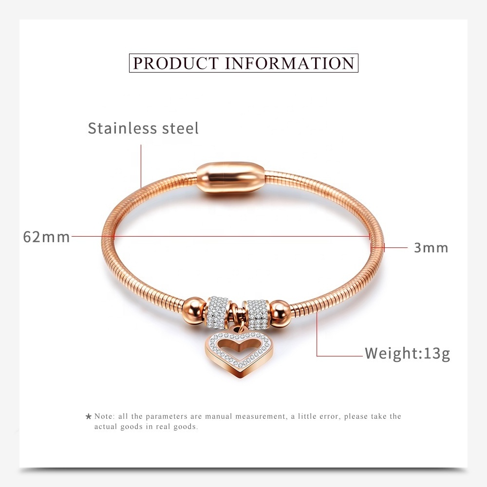 Heart Style Crystal Charm Bracelets Bangles Magnet Clasp With Snake Chain Stainless Steel Women Bangles Valentine's Day jewelry