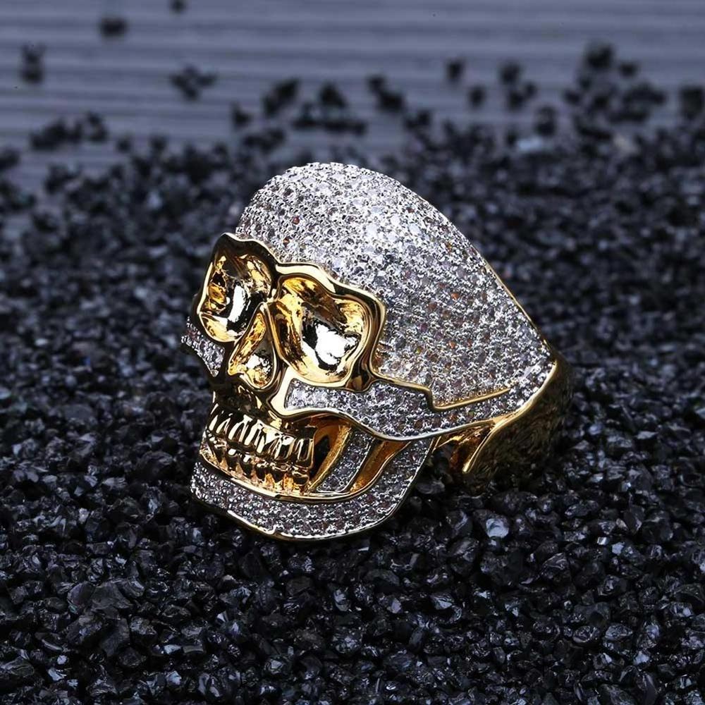 New Domineering Skull Diamond Rings For Men Full Cubic Zirconia Crystal Punk Wedding Ring Personalized Gold Jewelry