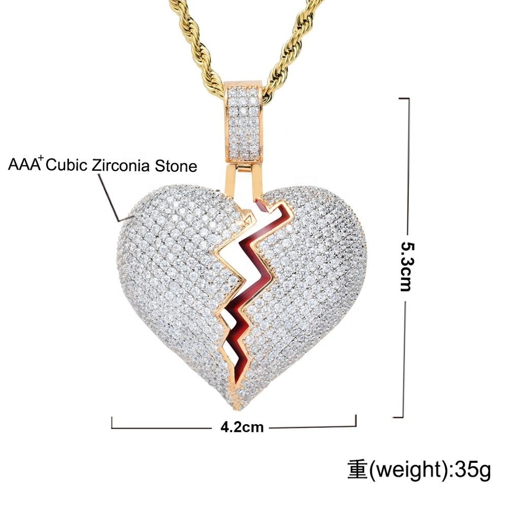 HipHop Jewelry Enamel Micro Paved CZ Love Couple Charm Cubic Zirconia Iced Out Broken Heart Pendent Necklace Wholesale