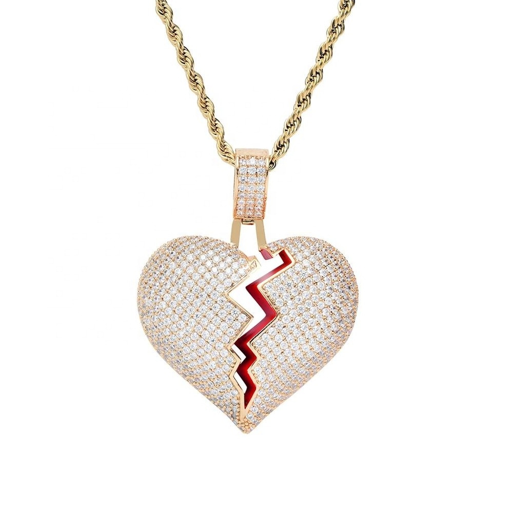 HipHop Jewelry Enamel Micro Paved CZ Love Couple Charm Cubic Zirconia Iced Out Broken Heart Pendent Necklace Wholesale