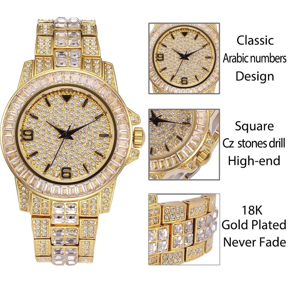 New Iced Out Watch Bling Bling Watch Quartz Gold Hip Hop Wrist Watches With Micro Pave Cz Stainless Steel Wristband Clock Hours