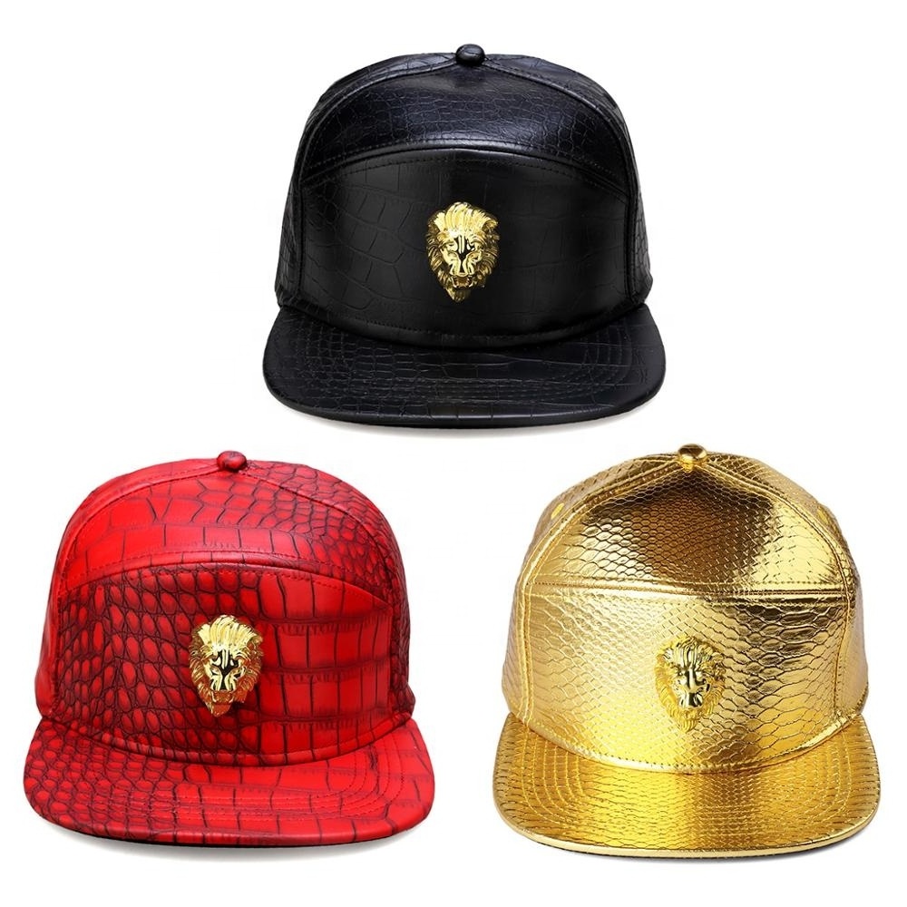 Metal Gold Lion Head Logo PU Leather Baseball Casual Unisex Belt Buckle Hip Hop Rap 5 Panel Sun Snapback Hats Men Women Hat