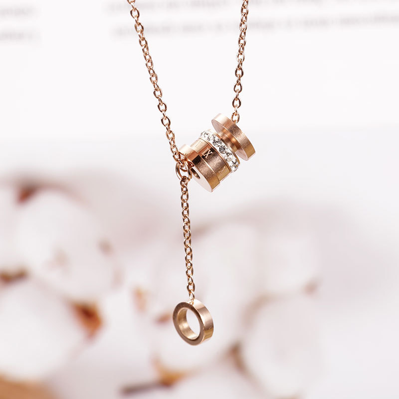 Roman titanium steel does not fade rose gold small waist tassel clavicle chain contracted single loop diamond necklace