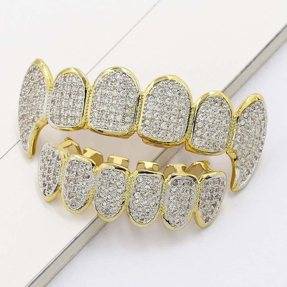 HipHop Dental Grills Teeth Grillz Brass Gold Plated Halloween Gift Tooth Grillz Micro Pave CZ Top Bottom Mouth Teeth Grills Sets