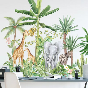 Plant sofa bedroom background tropical rain forest elephant giraffe Wall Sticker